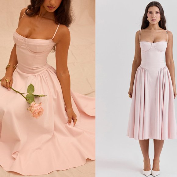 House of CB ‘Samaria’ Ballerina Pink Salt Twill Corset Midi Dress NWOT
